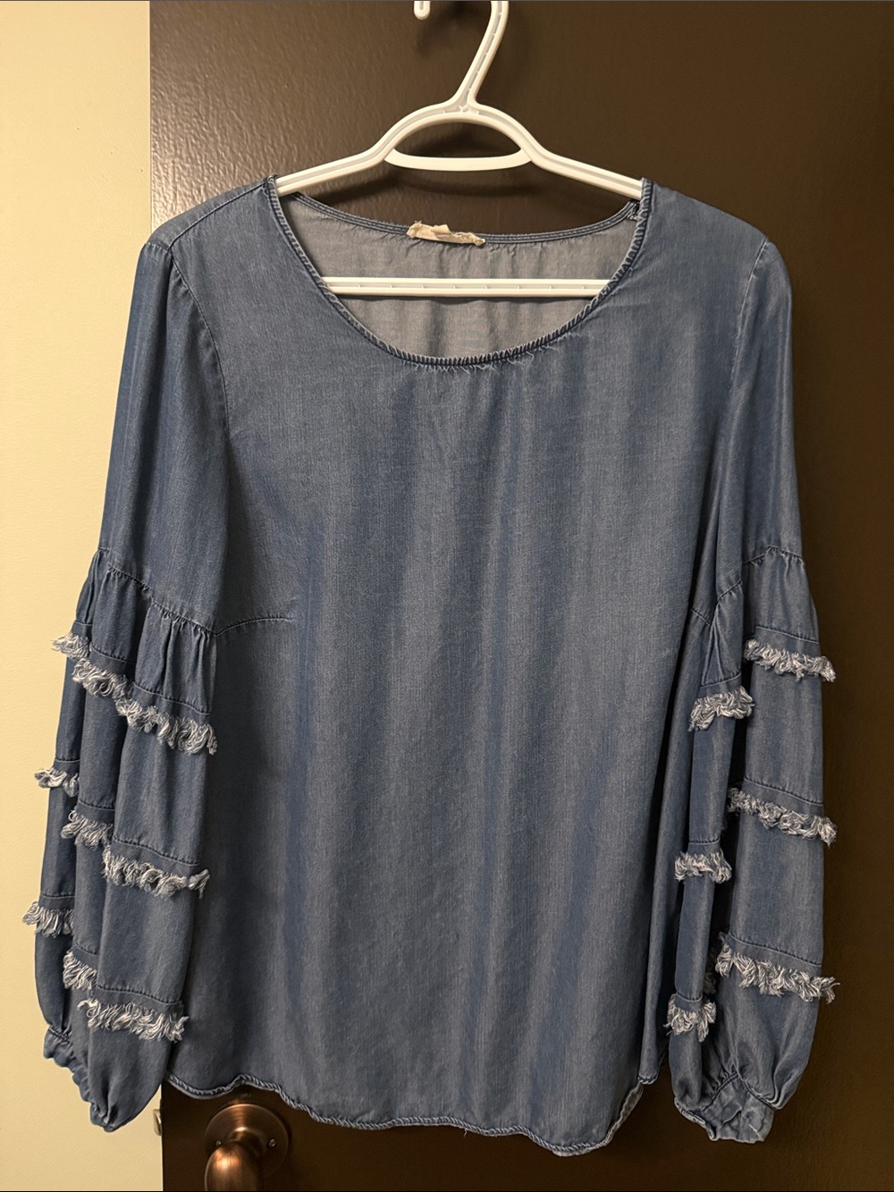 Janie and Jack Chambray Fringe-Tiered Sleeve Blouse - Blue